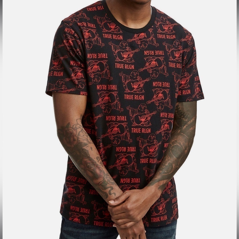 True Religion Buddha Mono Crew Neck Cotton T-shirt in Black/red Sz M
